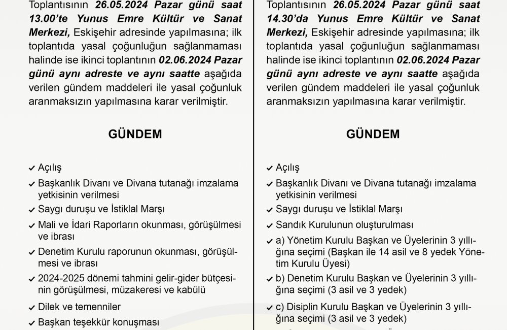 Eskişehispor Kulübü, Olağan Mali Genel Kurul ve Olağanüstü Seçimli Genel Kurul İlanı