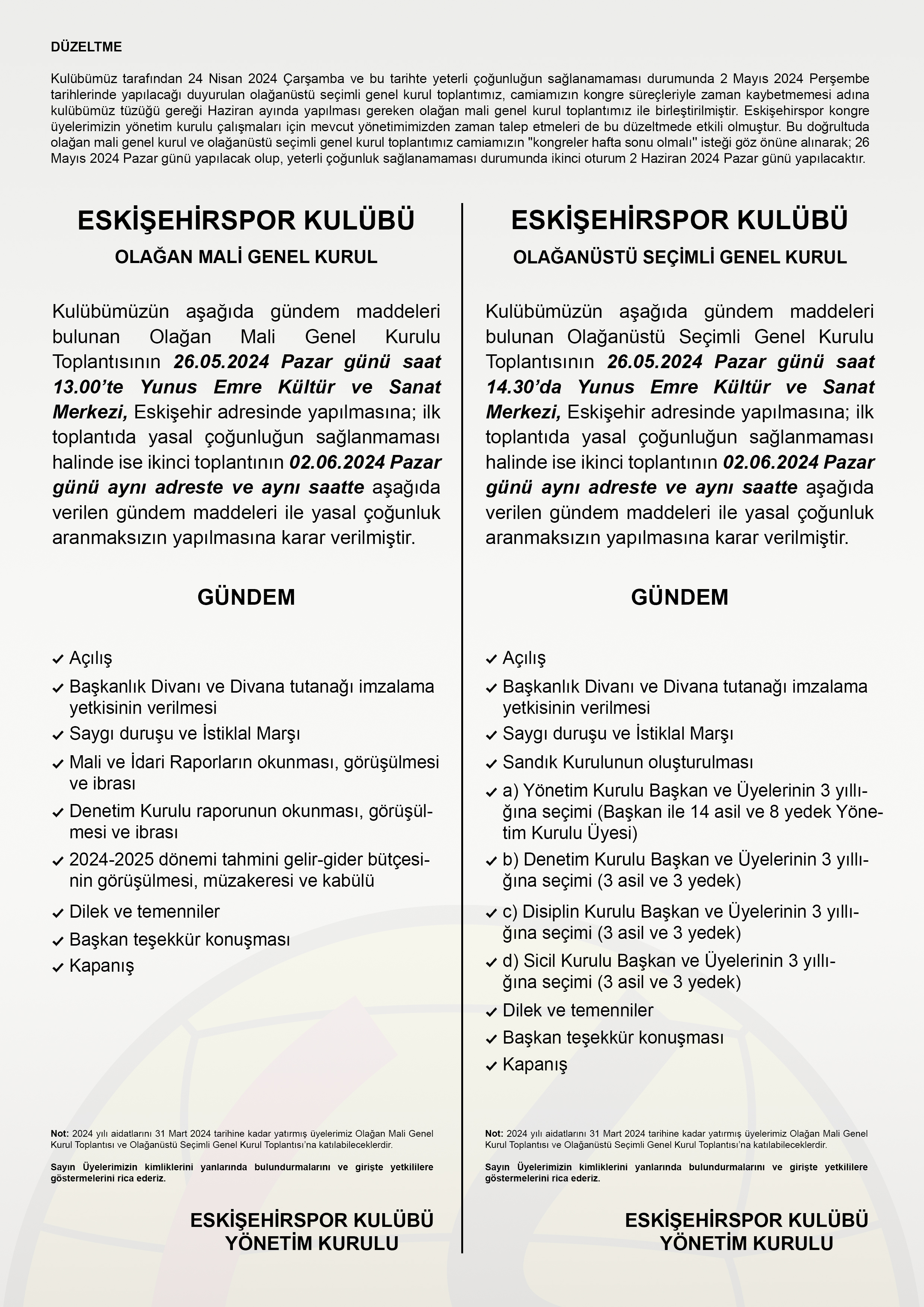 Eskişehispor Kulübü, Olağan Mali Genel Kurul ve Olağanüstü Seçimli Genel Kurul İlanı